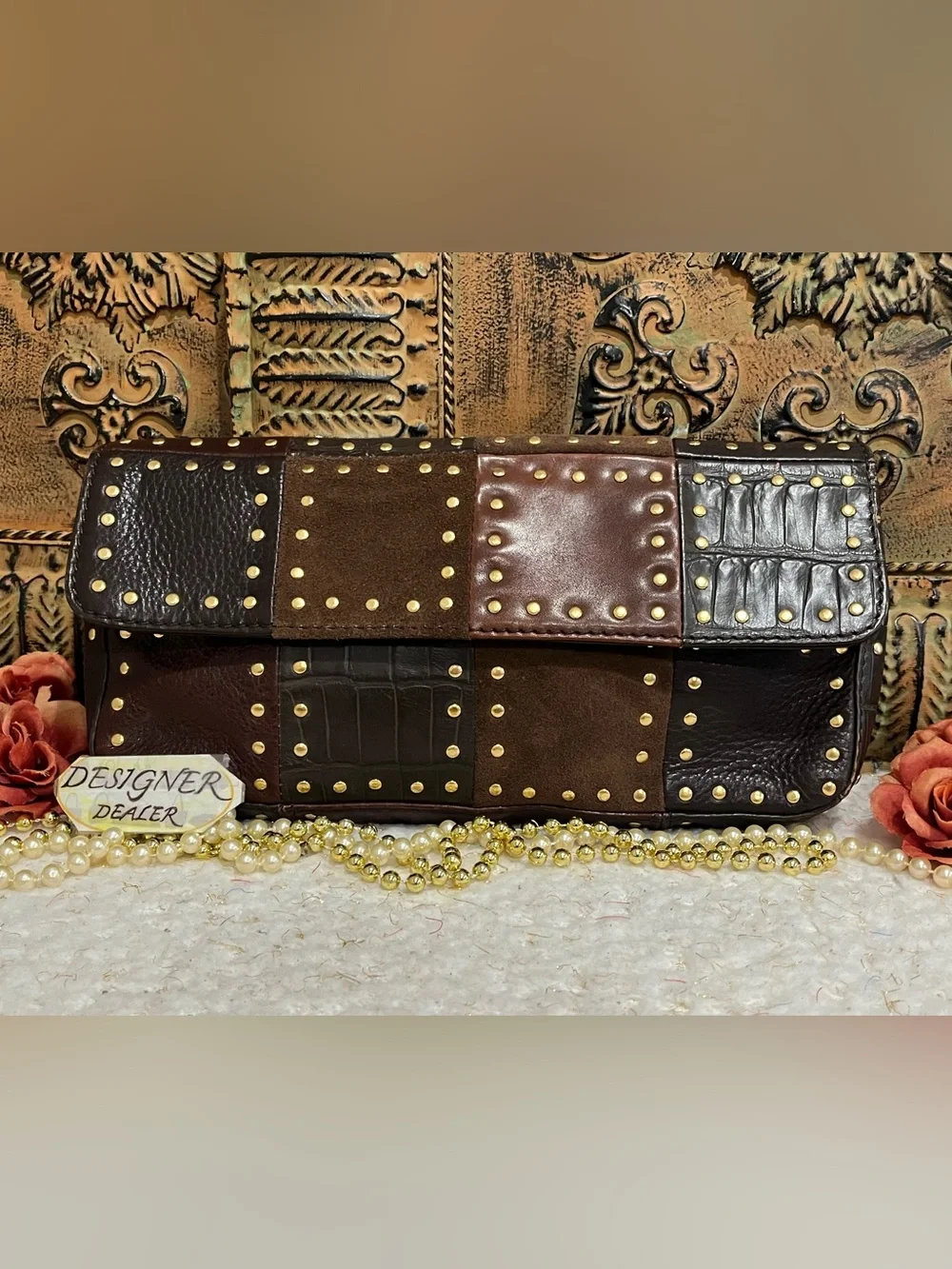 Michael Kors Vintage Brown Leather/Suede Patchwork Stud Clutch VGC!